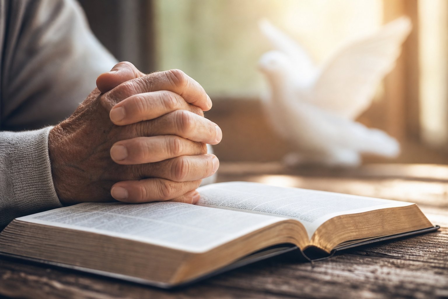 Folded hands in prayer over an open Bible